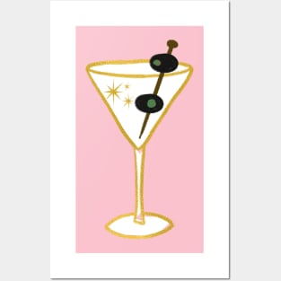 Glam Retro Faux Gold Martini Cocktail Drink Glass With two Black Olives Illustration Posters and Art